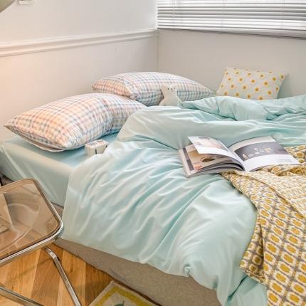 91家纺网 家纺一手货源 找家纺 优宜家 新款磨毛纯色ins款双拼混搭四件套水蓝+冰淇淋格