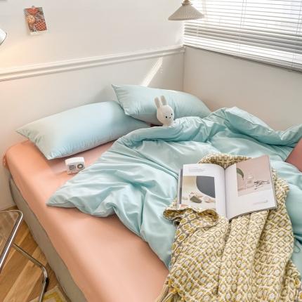 91家纺网 家纺一手货源 找家纺 优宜家 2023新款磨毛纯色ins款双拼混搭四件套水蓝+暖玉