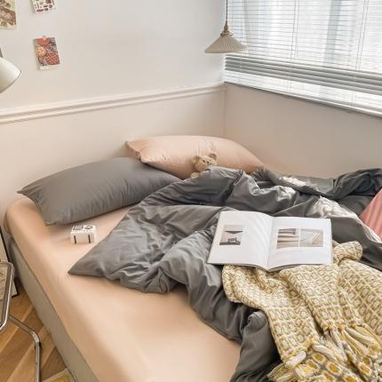 91家纺网 家纺一手货源 找家纺 优宜家 新款磨毛纯色ins款双拼混搭四件套银灰+浅卡