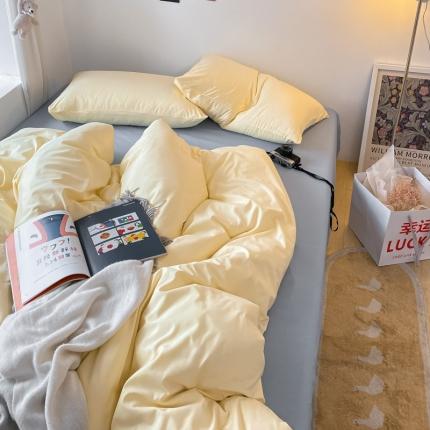 91家纺网 家纺一手货源 找家纺 优宜家 2023新款磨毛纯色ins款双拼混搭四件套芝士黄+海藻蓝
