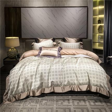 91家纺网 家纺一手货源 找家纺 2022新款锦缎高精密肌理纹200支色织提花床单床盖四件套 纪万希