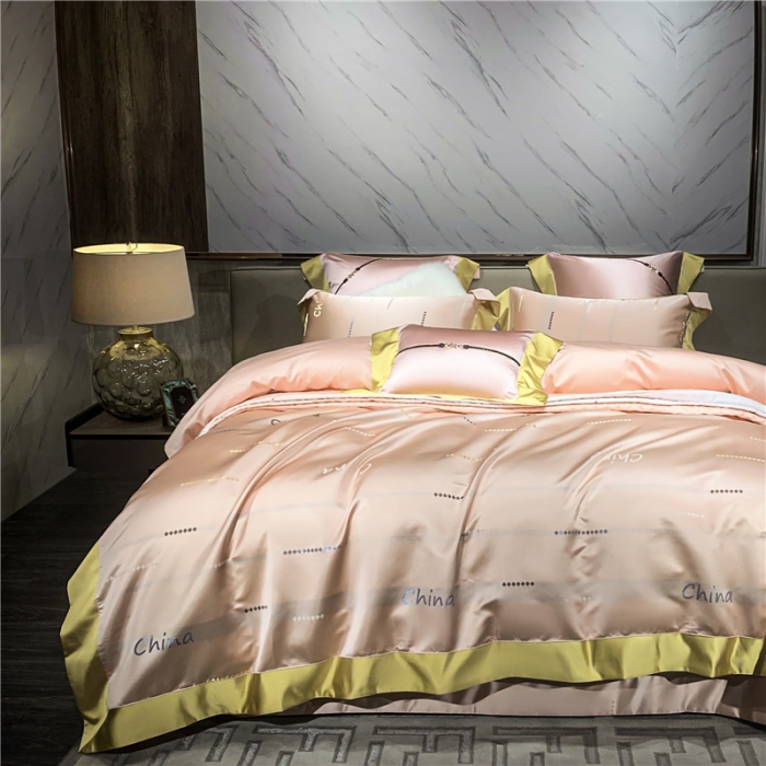 91家纺网 家纺一手货源 找家纺 2022新款锦缎高精密肌理纹200支色织提花床单床盖四件套 China 粉