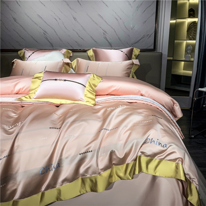 91家纺网 家纺一手货源 找家纺 2022新款锦缎高精密肌理纹200支色织提花床单床盖四件套 China 粉