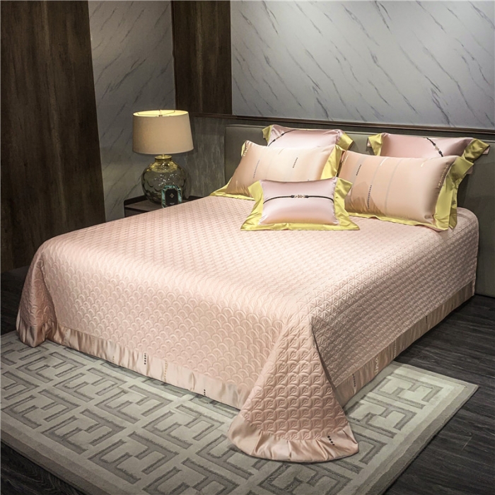91家纺网 家纺一手货源 找家纺 2022新款锦缎高精密肌理纹200支色织提花床单床盖四件套 China 粉