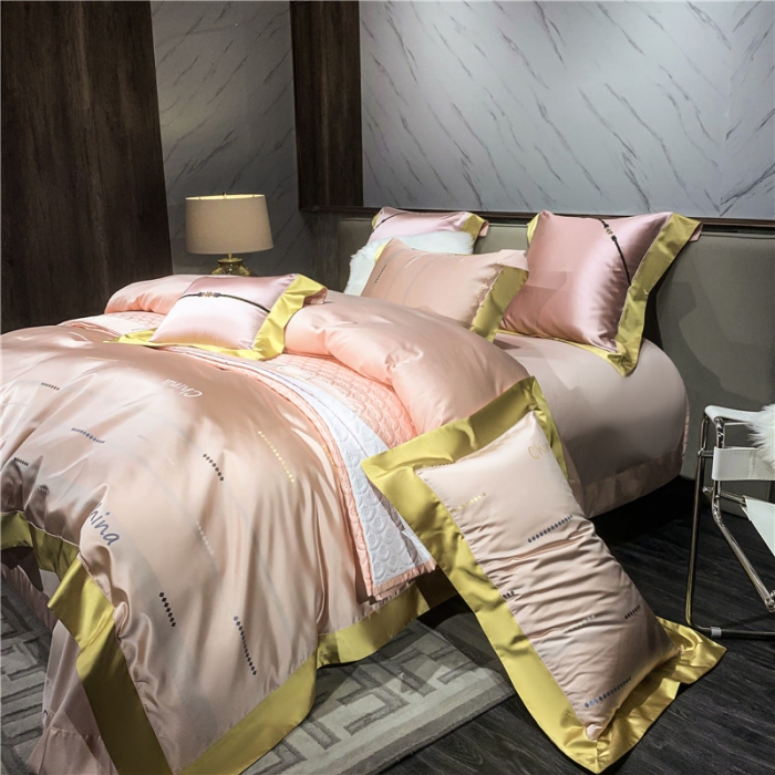 91家纺网 家纺一手货源 找家纺 2022新款锦缎高精密肌理纹200支色织提花床单床盖四件套 China 粉