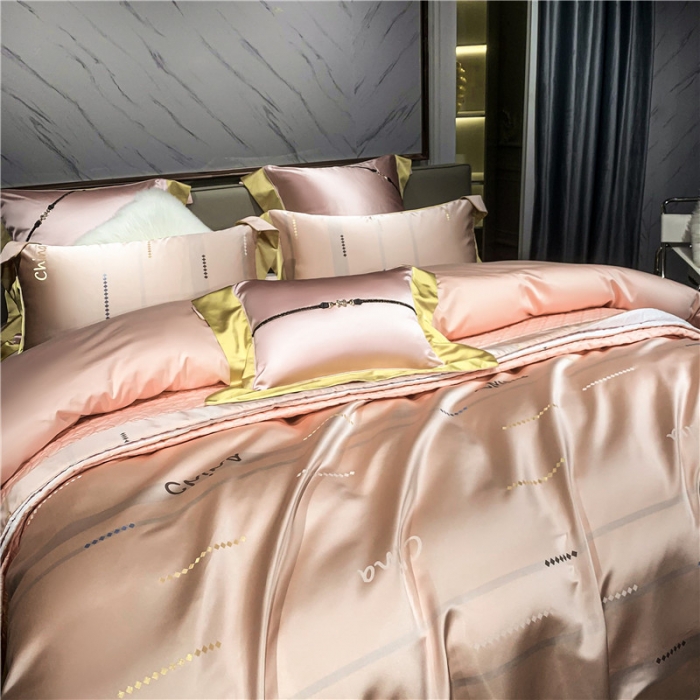 91家纺网 家纺一手货源 找家纺 2022新款锦缎高精密肌理纹200支色织提花床单床盖四件套 China 粉