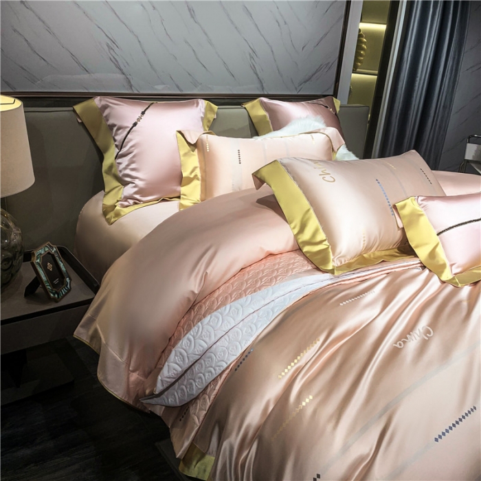 91家纺网 家纺一手货源 找家纺 2022新款锦缎高精密肌理纹200支色织提花床单床盖四件套 China 粉