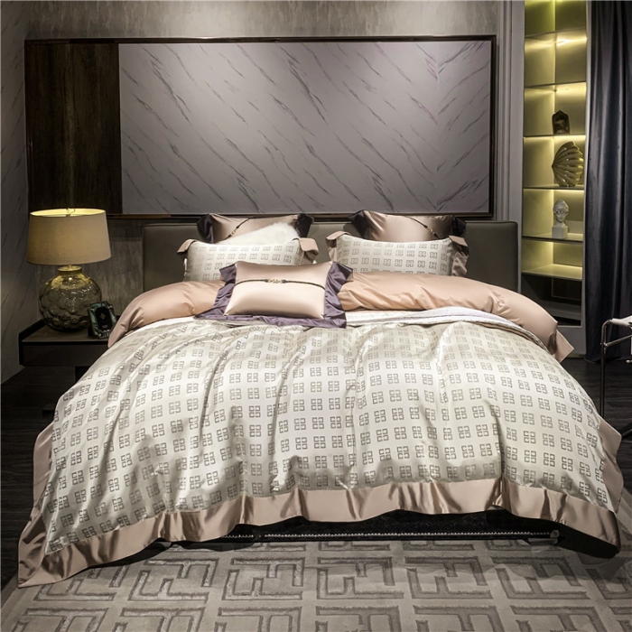 91家纺网 家纺一手货源 找家纺 2022新款锦缎高精密肌理纹200支色织提花床单床盖四件套 纪万希