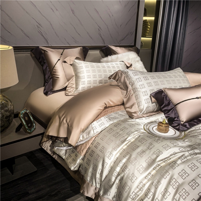 91家纺网 家纺一手货源 找家纺 2022新款锦缎高精密肌理纹200支色织提花床单床盖四件套 纪万希