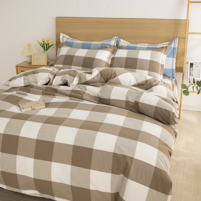 91家纺网 家纺一手货源 找家纺 杜先生 2023新款全棉无印风老粗布四件套直播爆款 无印风格子-咖