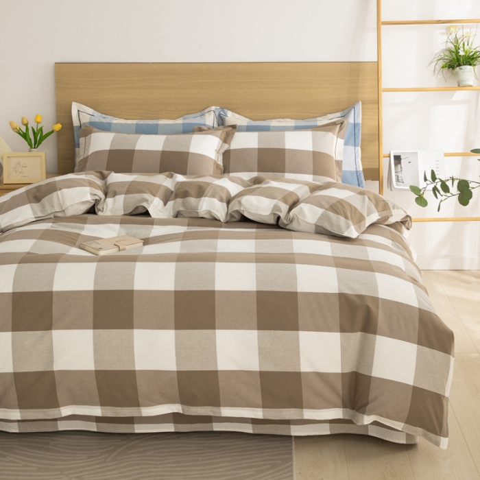 91家纺网 家纺一手货源 找家纺 杜先生 2023新款全棉无印风老粗布四件套直播爆款 无印风格子-咖