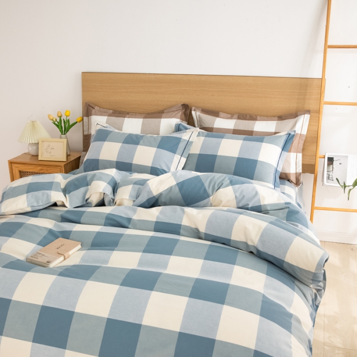 91家纺网 家纺一手货源 找家纺 杜先生 2023新款全棉无印风老粗布四件套直播爆款 无印风格子-蓝