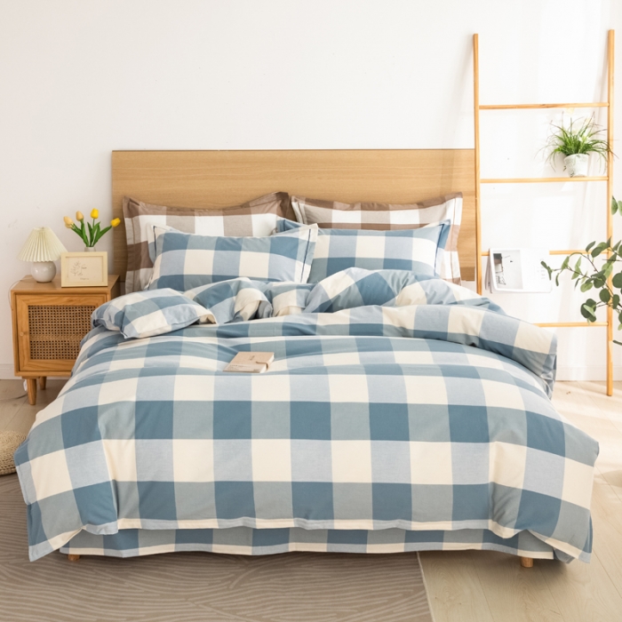 91家纺网 家纺一手货源 找家纺 杜先生 2023新款全棉无印风老粗布四件套直播爆款 无印风格子-蓝