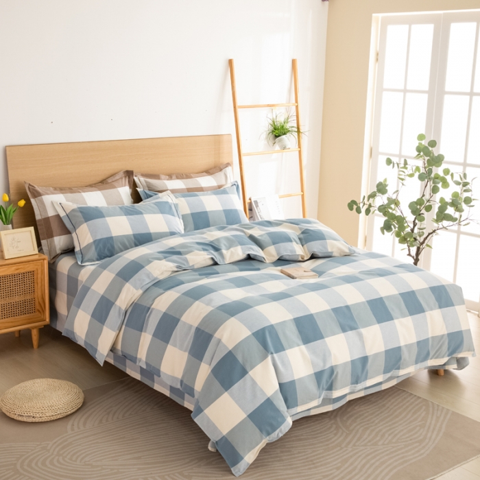 91家纺网 家纺一手货源 找家纺 杜先生 2023新款全棉无印风老粗布四件套直播爆款 无印风格子-蓝