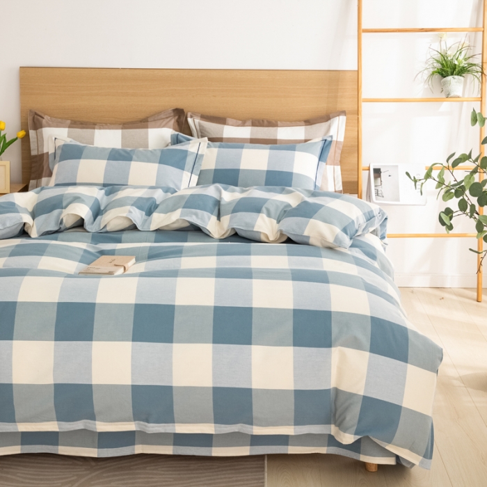 91家纺网 家纺一手货源 找家纺 杜先生 2023新款全棉无印风老粗布四件套直播爆款 无印风格子-蓝