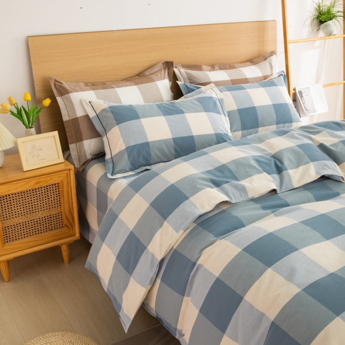 91家纺网 家纺一手货源 找家纺 杜先生 2023新款全棉无印风老粗布四件套直播爆款 无印风格子-蓝