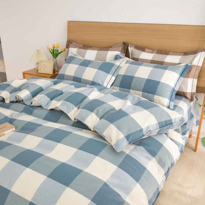 91家纺网 家纺一手货源 找家纺 杜先生 2023新款全棉无印风老粗布四件套直播爆款 无印风格子-蓝