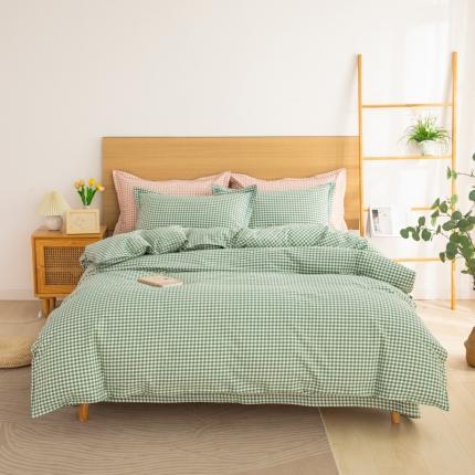 杜先生 2023新款全棉无印风老粗布四件套直播爆款 无印风格子-绿