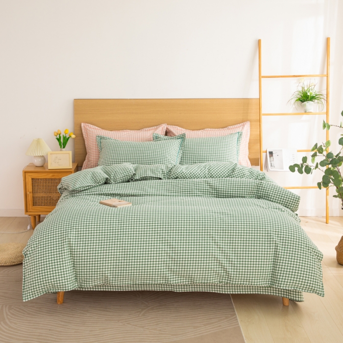 91家纺网 家纺一手货源 找家纺 杜先生 2023新款全棉无印风老粗布四件套直播爆款 无印风格子-绿