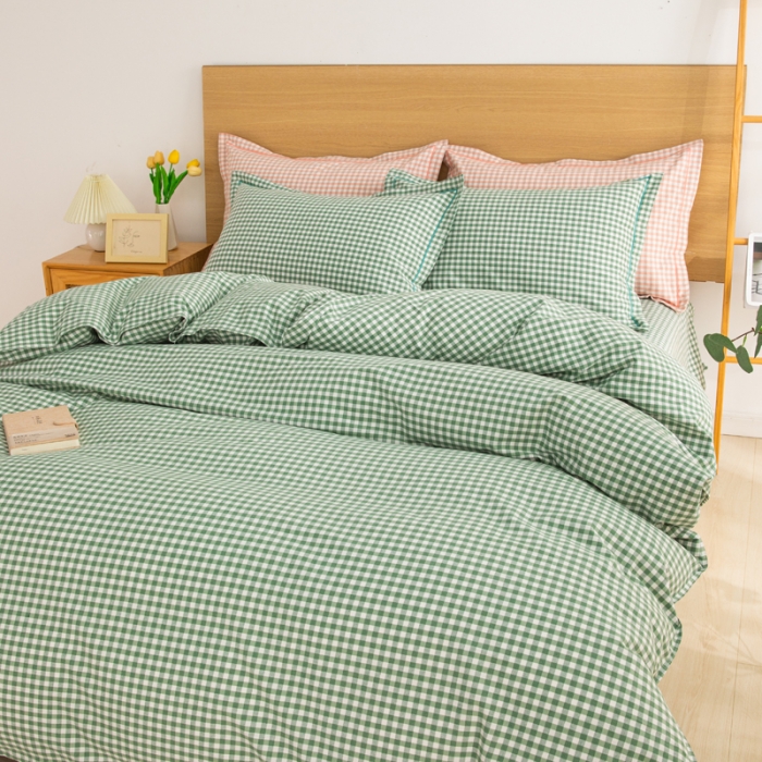 91家纺网 家纺一手货源 找家纺 杜先生 2023新款全棉无印风老粗布四件套直播爆款 无印风格子-绿