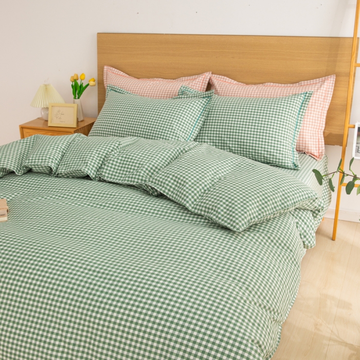 91家纺网 家纺一手货源 找家纺 杜先生 2023新款全棉无印风老粗布四件套直播爆款 无印风格子-绿