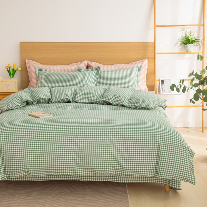 91家纺网 家纺一手货源 找家纺 杜先生 2023新款全棉无印风老粗布四件套直播爆款 无印风格子-绿