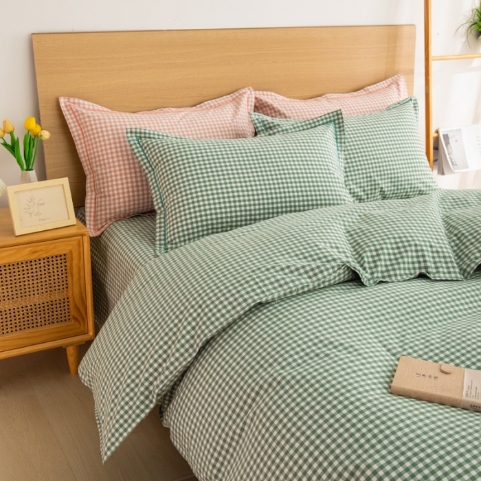 91家纺网 家纺一手货源 找家纺 杜先生 2023新款全棉无印风老粗布四件套直播爆款 无印风格子-绿