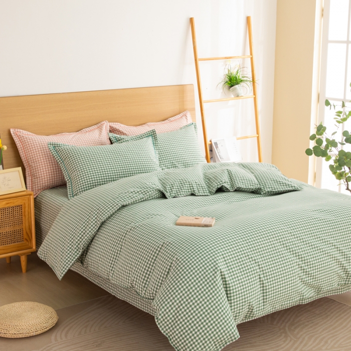 91家纺网 家纺一手货源 找家纺 杜先生 2023新款全棉无印风老粗布四件套直播爆款 无印风格子-绿