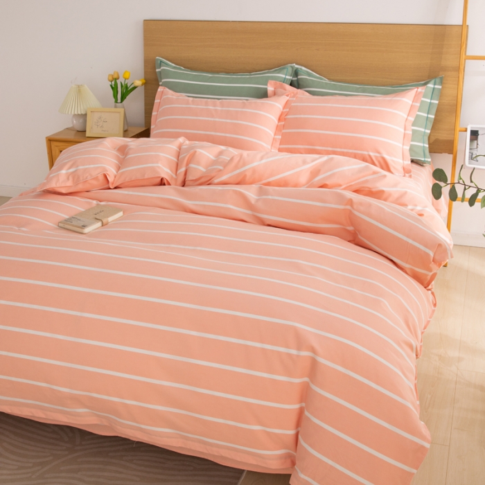 91家纺网 家纺一手货源 找家纺 杜先生 2023新款全棉无印风老粗布四件套直播爆款 无印风条纹-粉玉