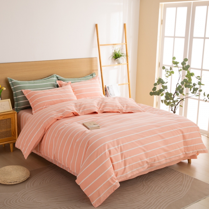 91家纺网 家纺一手货源 找家纺 杜先生 2023新款全棉无印风老粗布四件套直播爆款 无印风条纹-粉玉