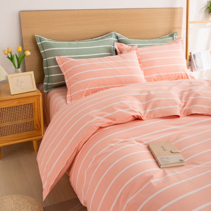 91家纺网 家纺一手货源 找家纺 杜先生 2023新款全棉无印风老粗布四件套直播爆款 无印风条纹-粉玉