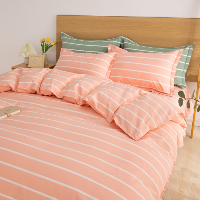 91家纺网 家纺一手货源 找家纺 杜先生 2023新款全棉无印风老粗布四件套直播爆款 无印风条纹-粉玉