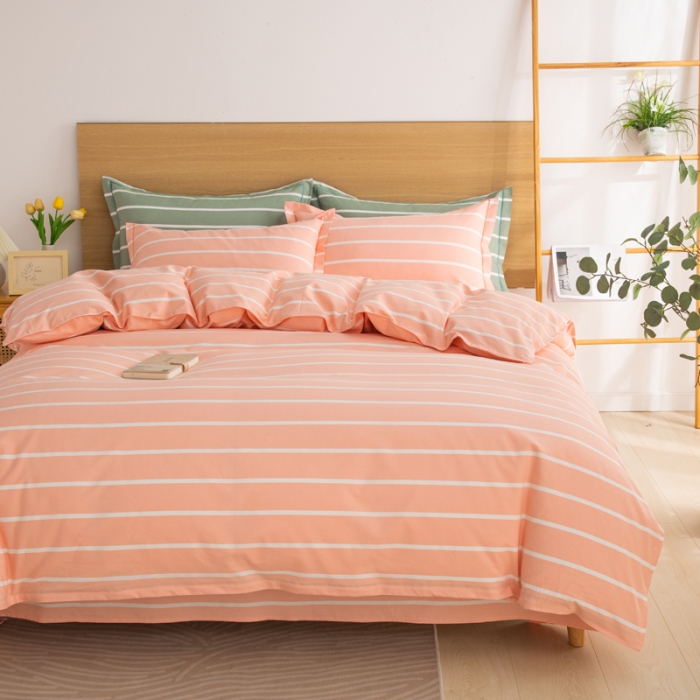 91家纺网 家纺一手货源 找家纺 杜先生 2023新款全棉无印风老粗布四件套直播爆款 无印风条纹-粉玉