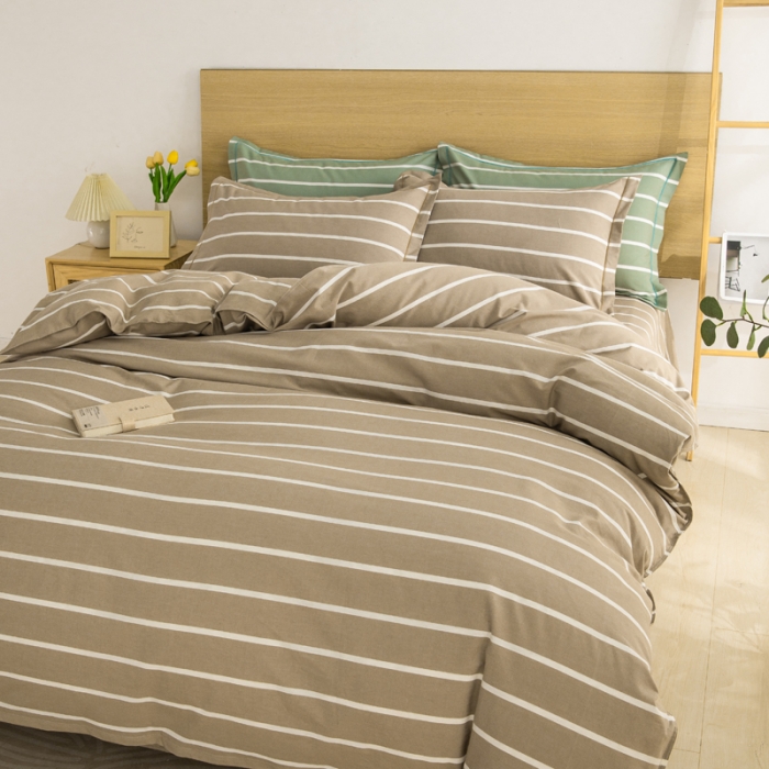 91家纺网 家纺一手货源 找家纺 杜先生 2023新款全棉无印风老粗布四件套直播爆款 无印风条纹-咖