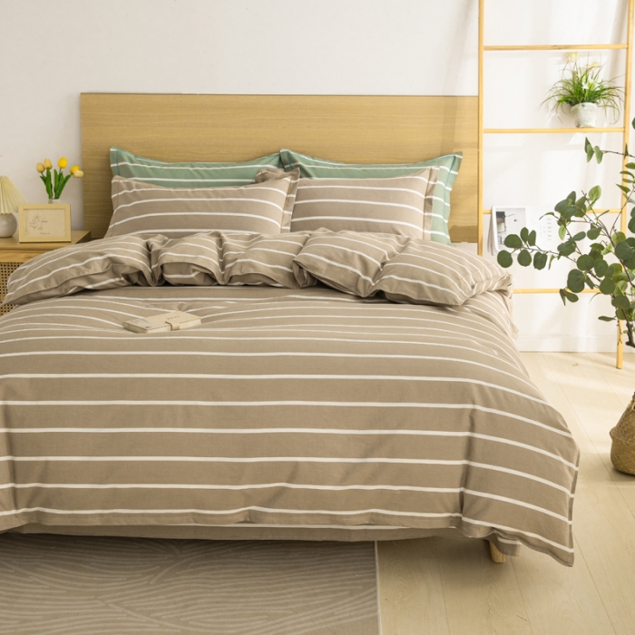 91家纺网 家纺一手货源 找家纺 杜先生 2023新款全棉无印风老粗布四件套直播爆款 无印风条纹-咖