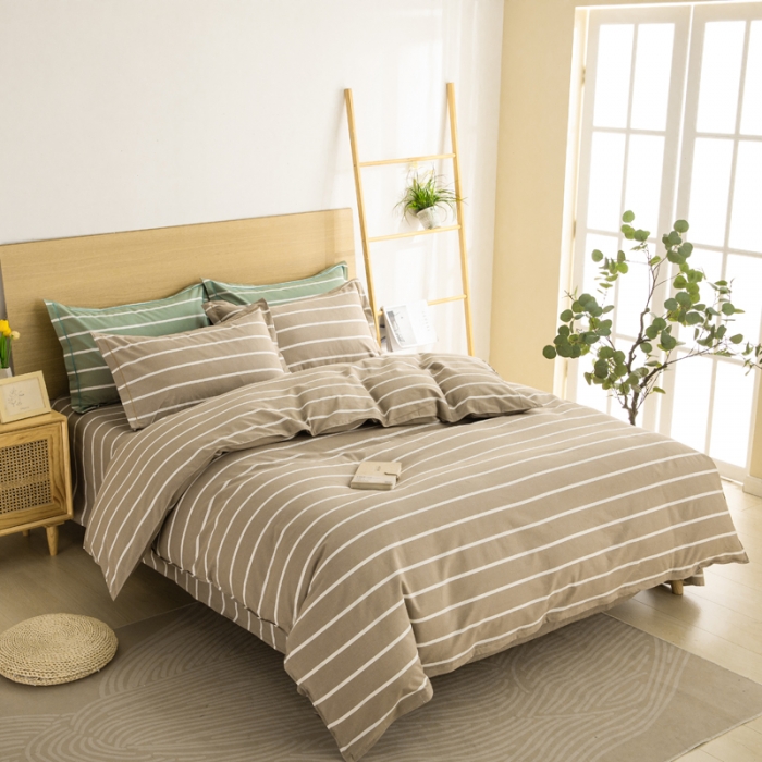 91家纺网 家纺一手货源 找家纺 杜先生 2023新款全棉无印风老粗布四件套直播爆款 无印风条纹-咖