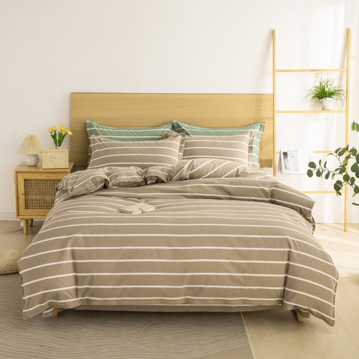 91家纺网 家纺一手货源 找家纺 杜先生 2023新款全棉无印风老粗布四件套直播爆款 无印风条纹-咖