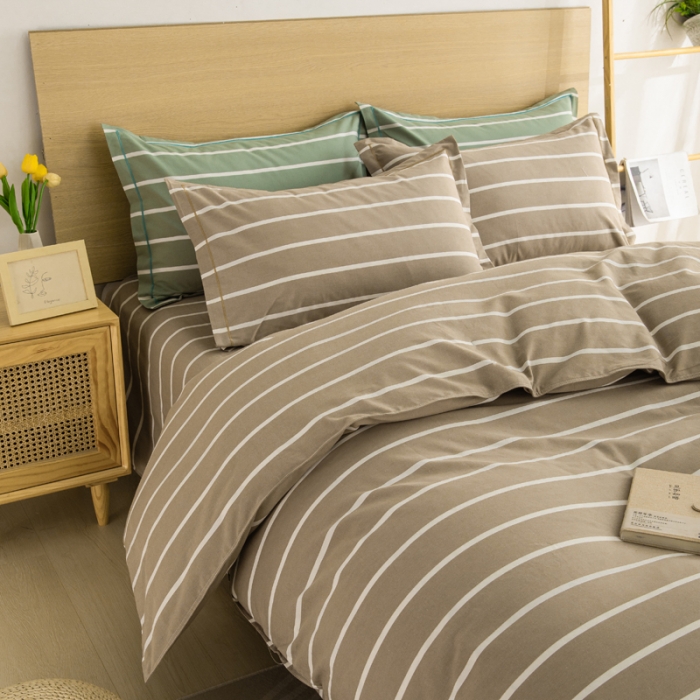 91家纺网 家纺一手货源 找家纺 杜先生 2023新款全棉无印风老粗布四件套直播爆款 无印风条纹-咖