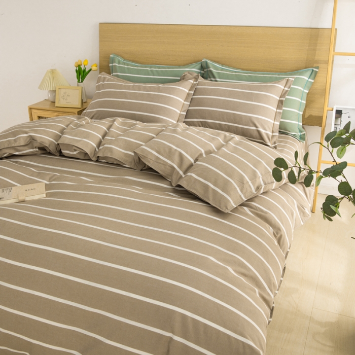 91家纺网 家纺一手货源 找家纺 杜先生 2023新款全棉无印风老粗布四件套直播爆款 无印风条纹-咖