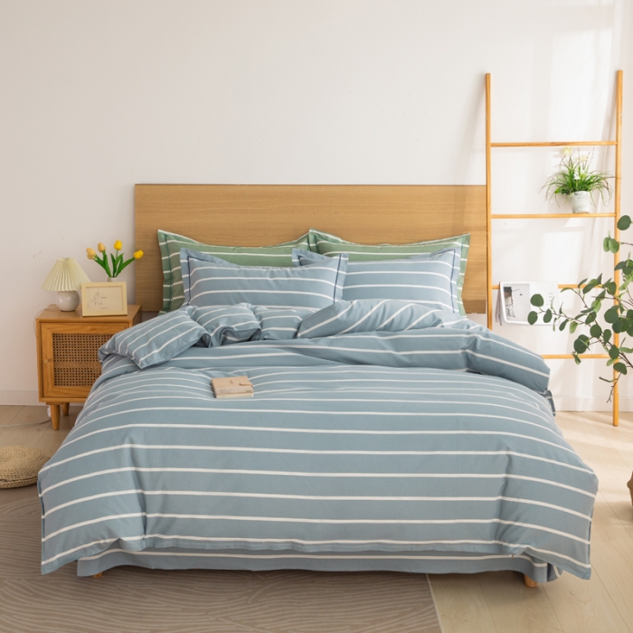 91家纺网 家纺一手货源 找家纺 杜先生 2023新款全棉无印风老粗布四件套直播爆款 无印风条纹-蓝灰