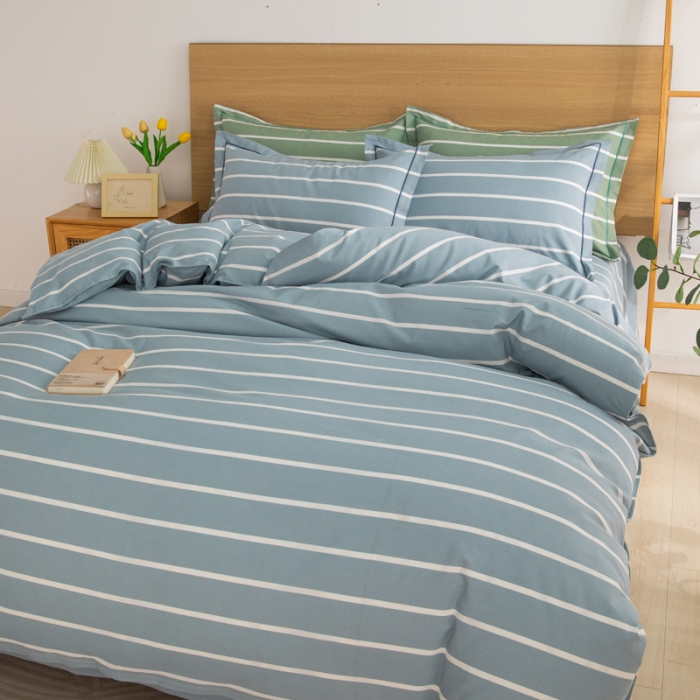 91家纺网 家纺一手货源 找家纺 杜先生 2023新款全棉无印风老粗布四件套直播爆款 无印风条纹-蓝灰