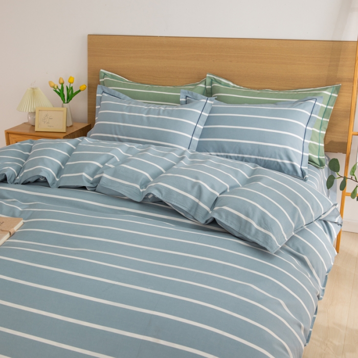 91家纺网 家纺一手货源 找家纺 杜先生 2023新款全棉无印风老粗布四件套直播爆款 无印风条纹-蓝灰