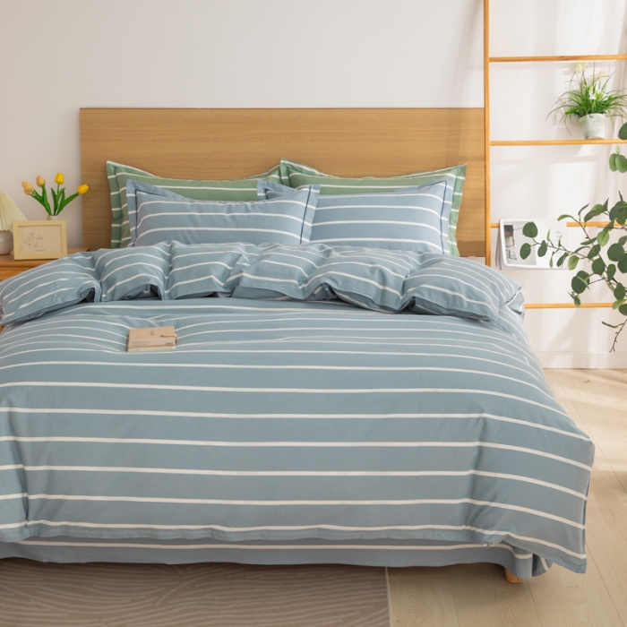 91家纺网 家纺一手货源 找家纺 杜先生 2023新款全棉无印风老粗布四件套直播爆款 无印风条纹-蓝灰