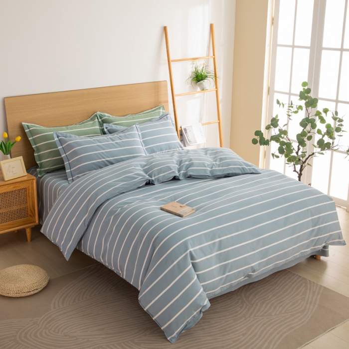 91家纺网 家纺一手货源 找家纺 杜先生 2023新款全棉无印风老粗布四件套直播爆款 无印风条纹-蓝灰