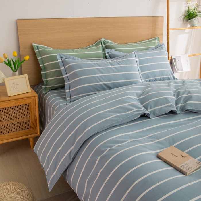 91家纺网 家纺一手货源 找家纺 杜先生 2023新款全棉无印风老粗布四件套直播爆款 无印风条纹-蓝灰