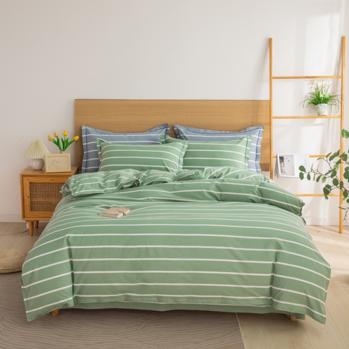 91家纺网 家纺一手货源 找家纺 杜先生 2023新款全棉无印风老粗布四件套直播爆款 无印风条纹-绿