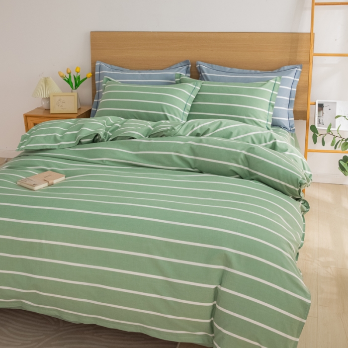 91家纺网 家纺一手货源 找家纺 杜先生 2023新款全棉无印风老粗布四件套直播爆款 无印风条纹-绿