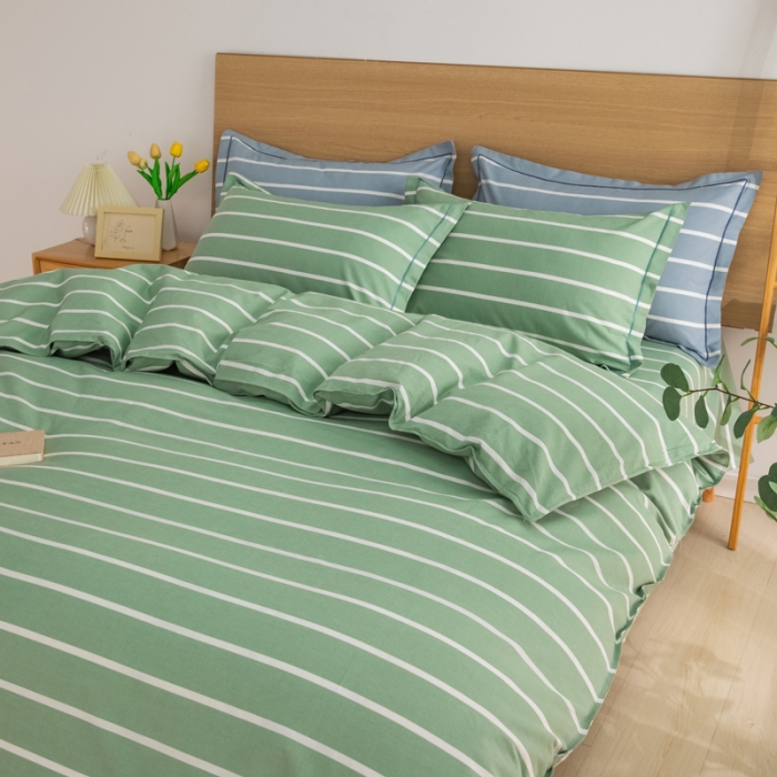 91家纺网 家纺一手货源 找家纺 杜先生 2023新款全棉无印风老粗布四件套直播爆款 无印风条纹-绿