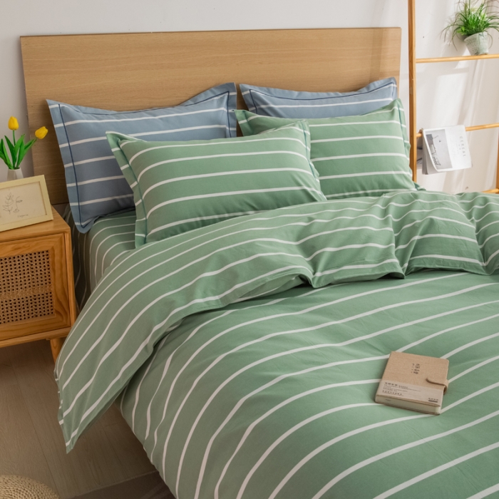 91家纺网 家纺一手货源 找家纺 杜先生 2023新款全棉无印风老粗布四件套直播爆款 无印风条纹-绿