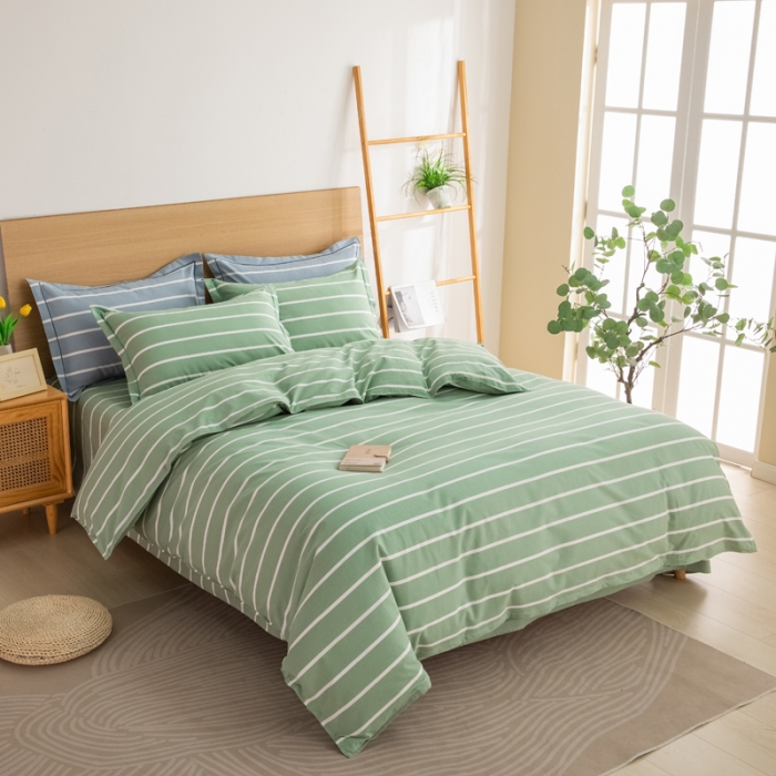 91家纺网 家纺一手货源 找家纺 杜先生 2023新款全棉无印风老粗布四件套直播爆款 无印风条纹-绿